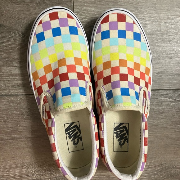 Vans Asher Canvas Slip On Sneakers Sz 8 White Rainbow Checkerboard - Picture 4 of 14
